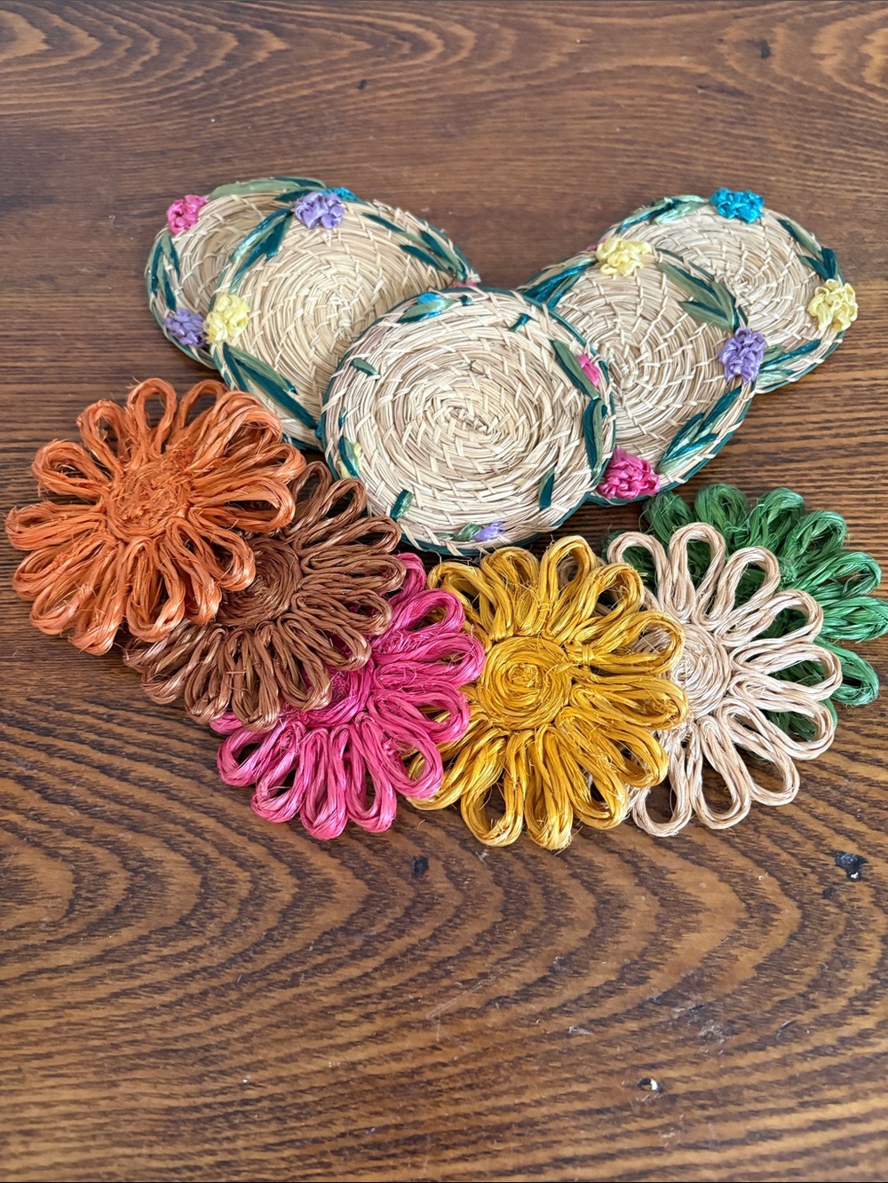 Vintage Multicolor Raffia Flower Coasters - Set of 10